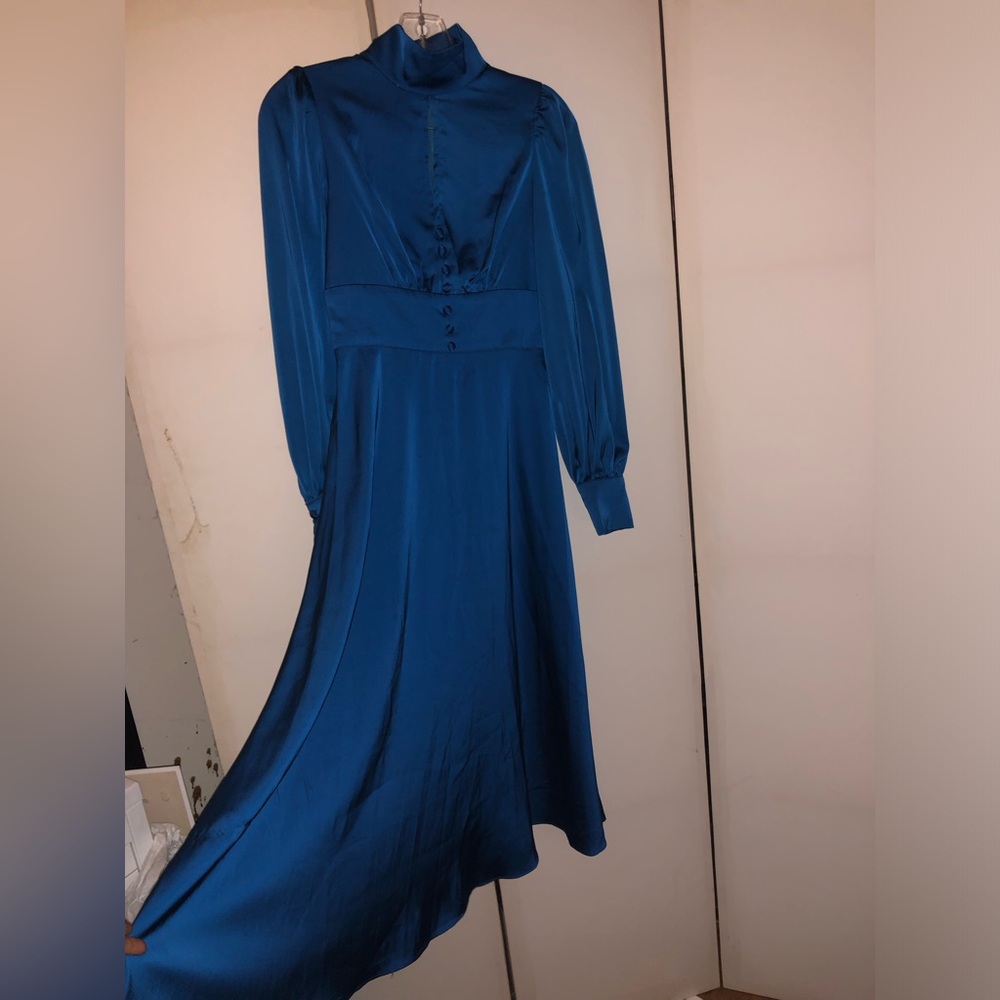 Blue Satin Long Sleeve Midi Dress